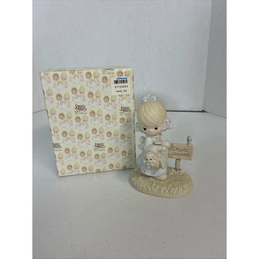 Precious Moments July Birthday Figurine 110051 Picnic Grounds Puppy 1988 Box